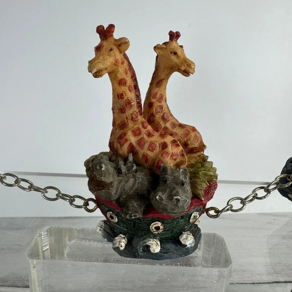 Vintage Noahs Ark Figurine Set 4 Piece Resin Animal Boat Chain Linked Decor